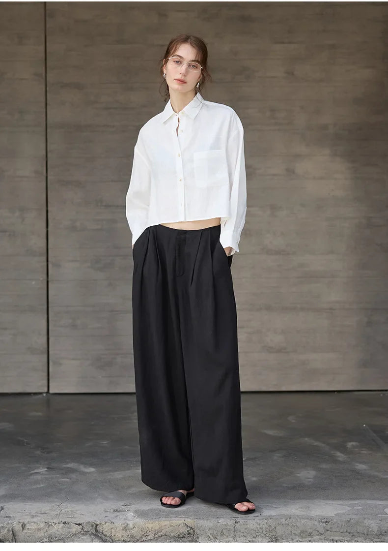 Duttini | Cropped Long Sleeve Linen Shirt for Women in White