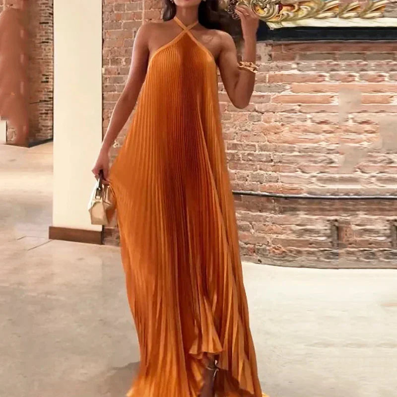 Duttini | Graceful Wedding Guest Pleated Halter Maxi Dress Evening