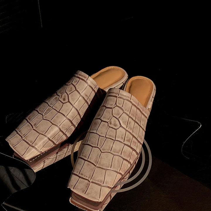 Duttini | Leather Croc-Embossed Low Heel Mules