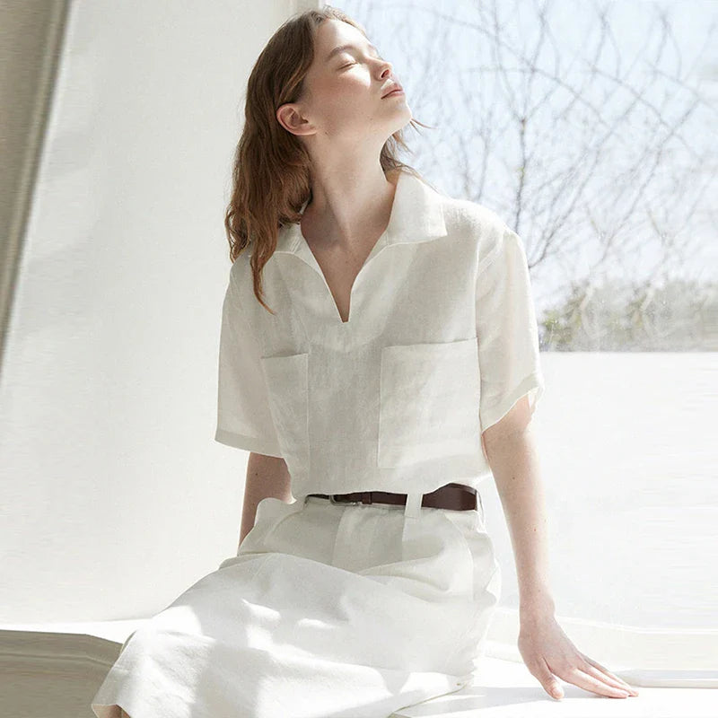 Duttini | Linen Polo Top for Women in Easy Fit, White