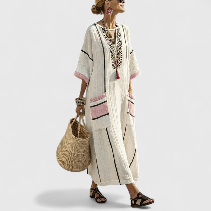 Duttini | Elegant V-Neck Striped Linen Maxi Dress With Pockets
