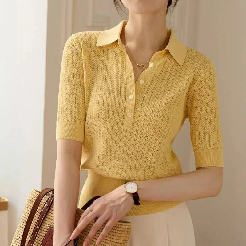 Duttini | Ribbed Knit Polo Blouse for Women in Classic Color