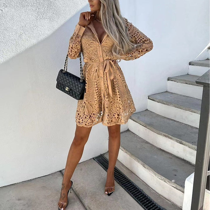 Duttini | Flowing Lace Mini Dress Long Sleeve V-Neck Belted
