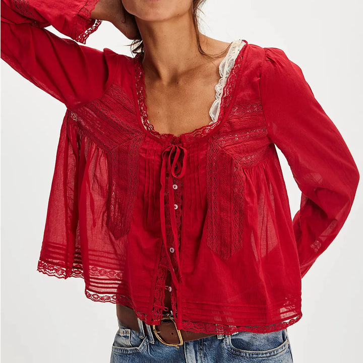 Duttini | Lace Trim Tie-Front Blouse for Women