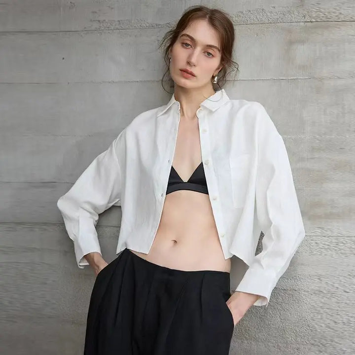Duttini | Cropped Long Sleeve Linen Shirt for Women in White
