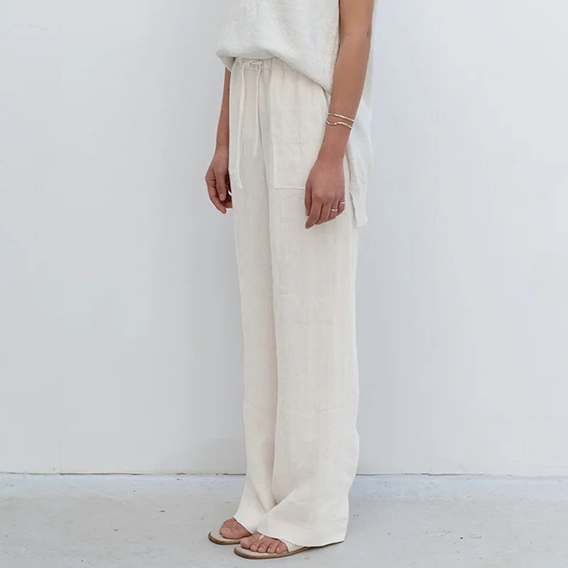 Duttini | Linen Drawstring Straight Pants for Women in Beige