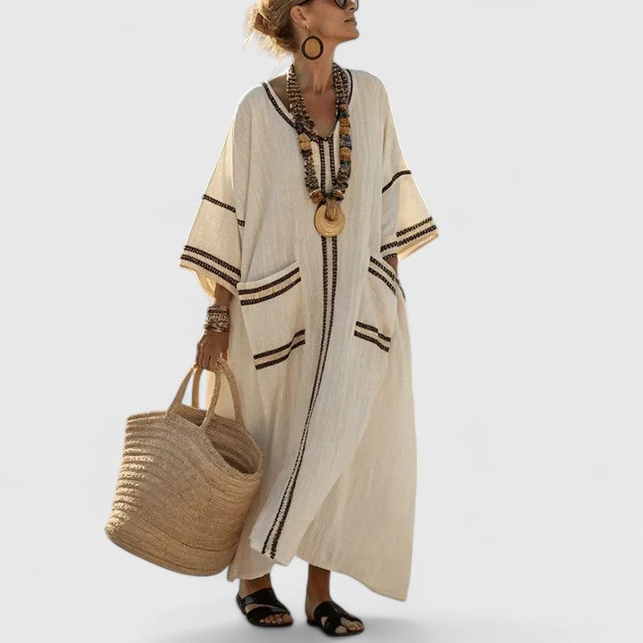 Duttini | Elegant V-Neck Striped Linen Maxi Dress With Pockets