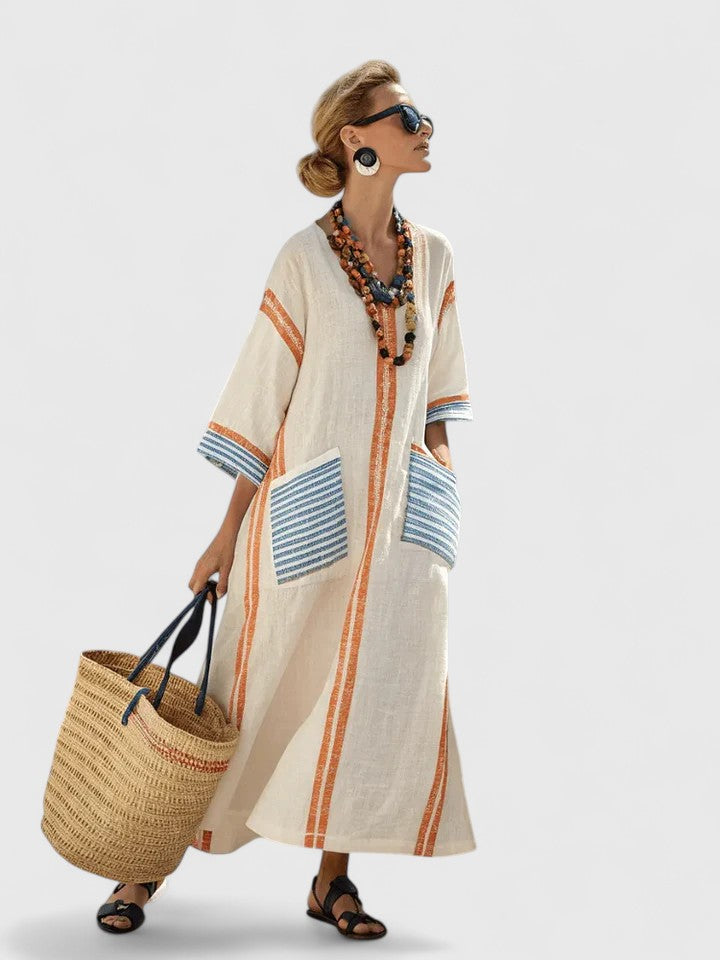 Duttini | Graceful V-Neck Kaftan Maxi Dress With Stripe Detail