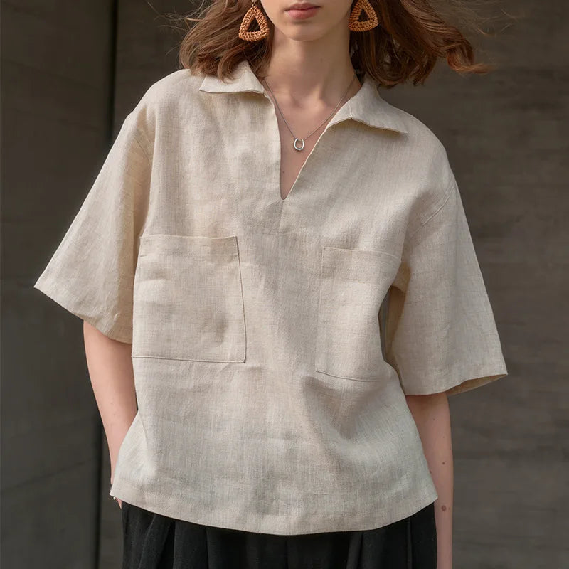Duttini | Linen Polo Top for Women in Easy Fit, White