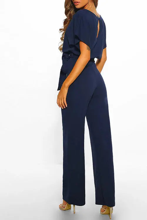 Duttini | Wide-Leg Belted Short Sleeve Jumpsuit