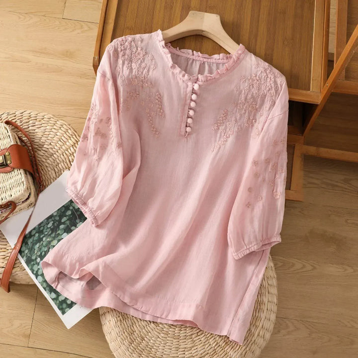 Duttini | Effortless Relaxed Floral Embroidered Blouse With Ruffled Neckline And Gathered Sleeves