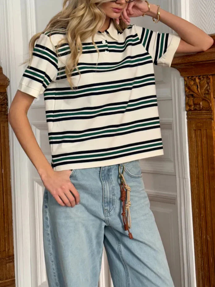 Duttini | Stripe Polo Tee for Women in Cotton Blend