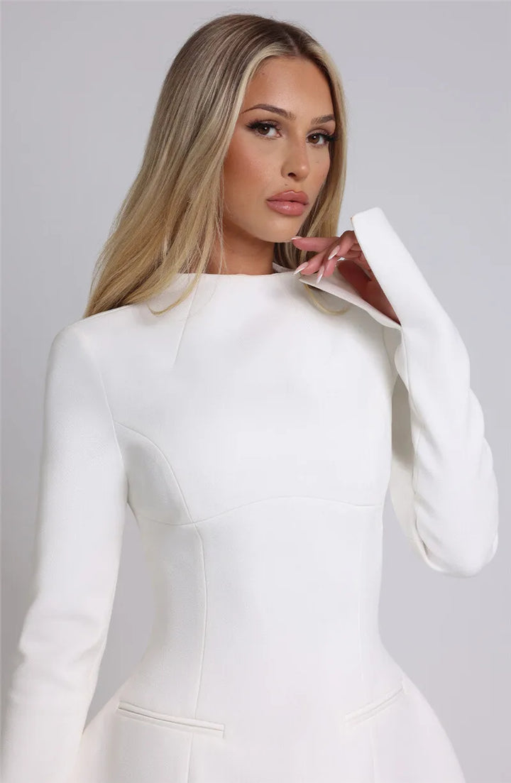 Duttini | White High Neck Long Sleeve Mini Dress