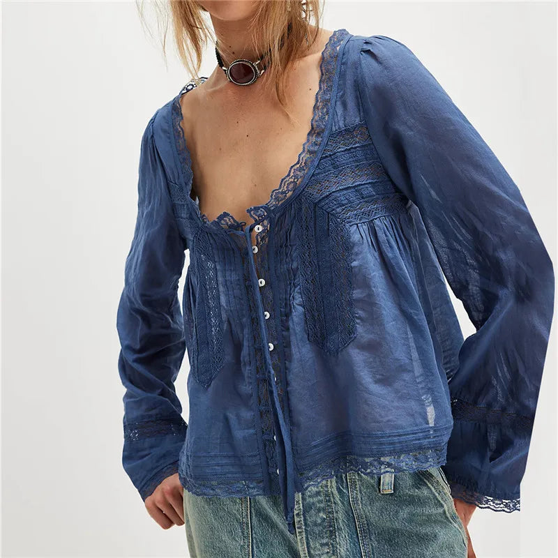 Duttini | Lace Trim Tie-Front Blouse for Women