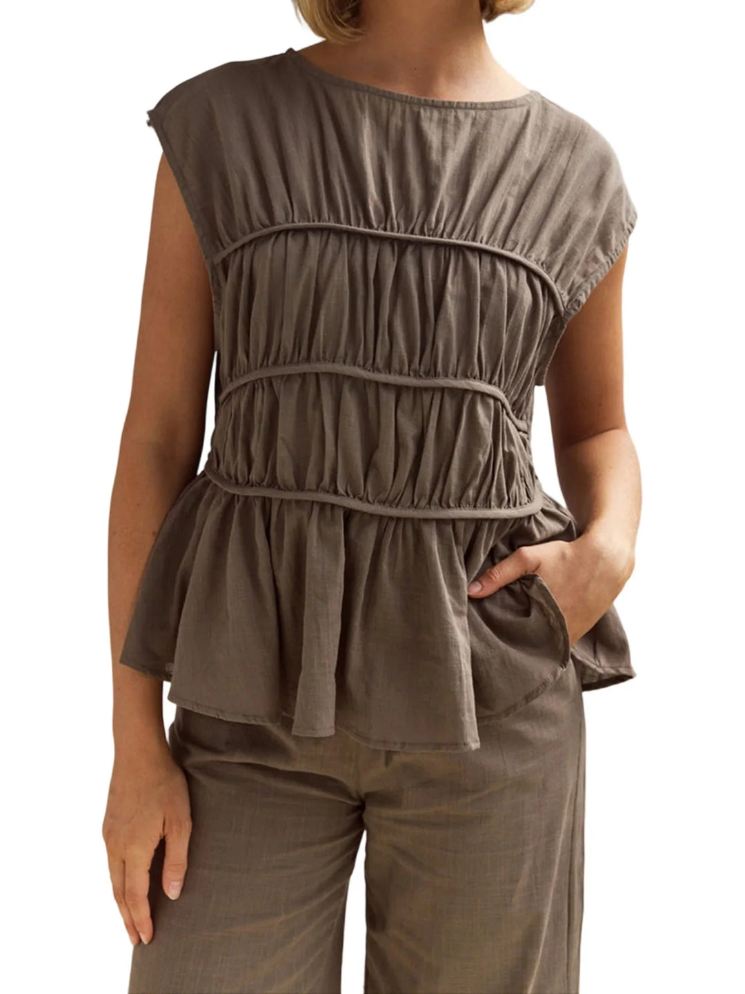 Duttini | Ruched Cap Sleeve Peplum Top for Women