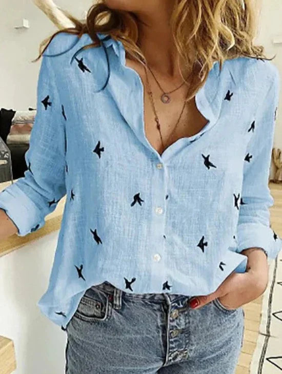 Duttini | Elegant Button-Down Shirt Long Sleeve Bird Print Blouse
