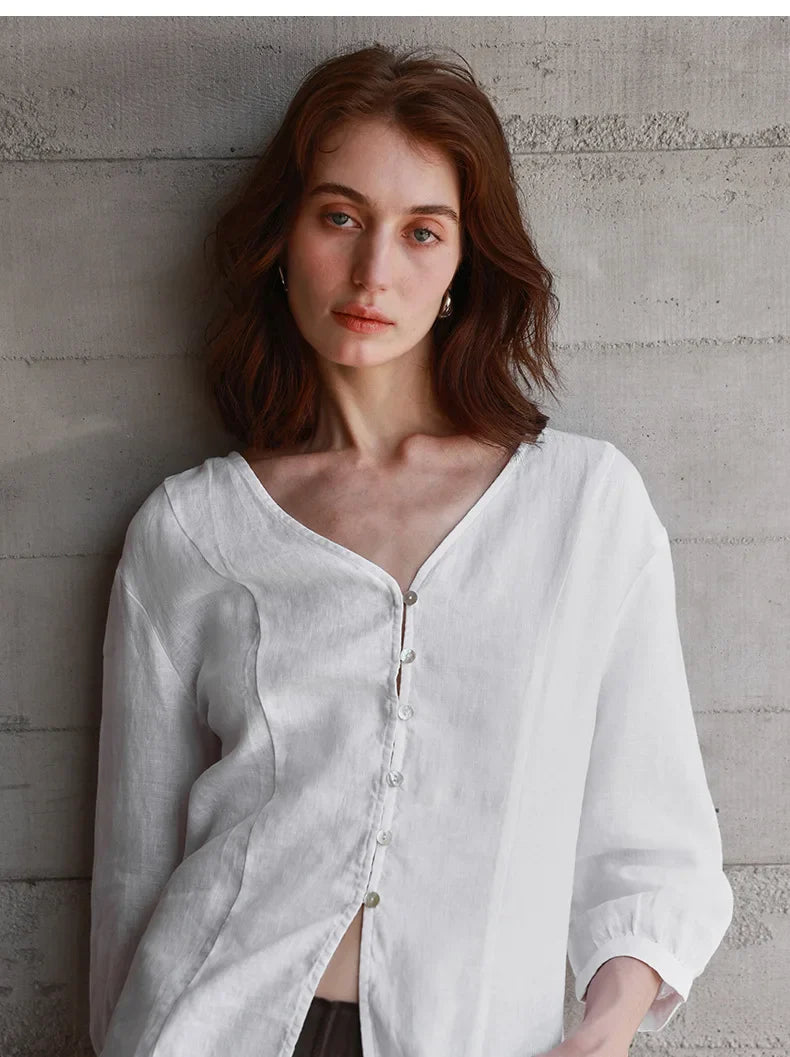 Duttini | Fitted V-Neck Linen Blouse for Women