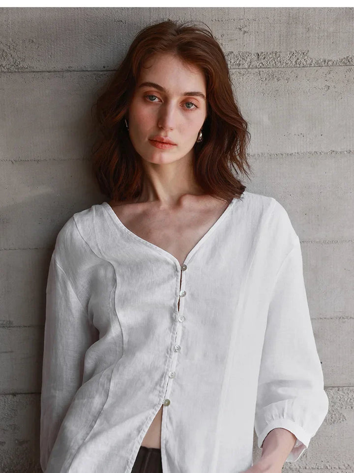 Duttini | Fitted V-Neck Linen Blouse for Women