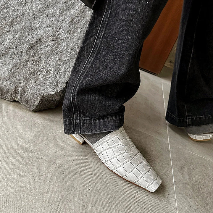 Duttini | Leather Croc-Embossed Low Heel Mules