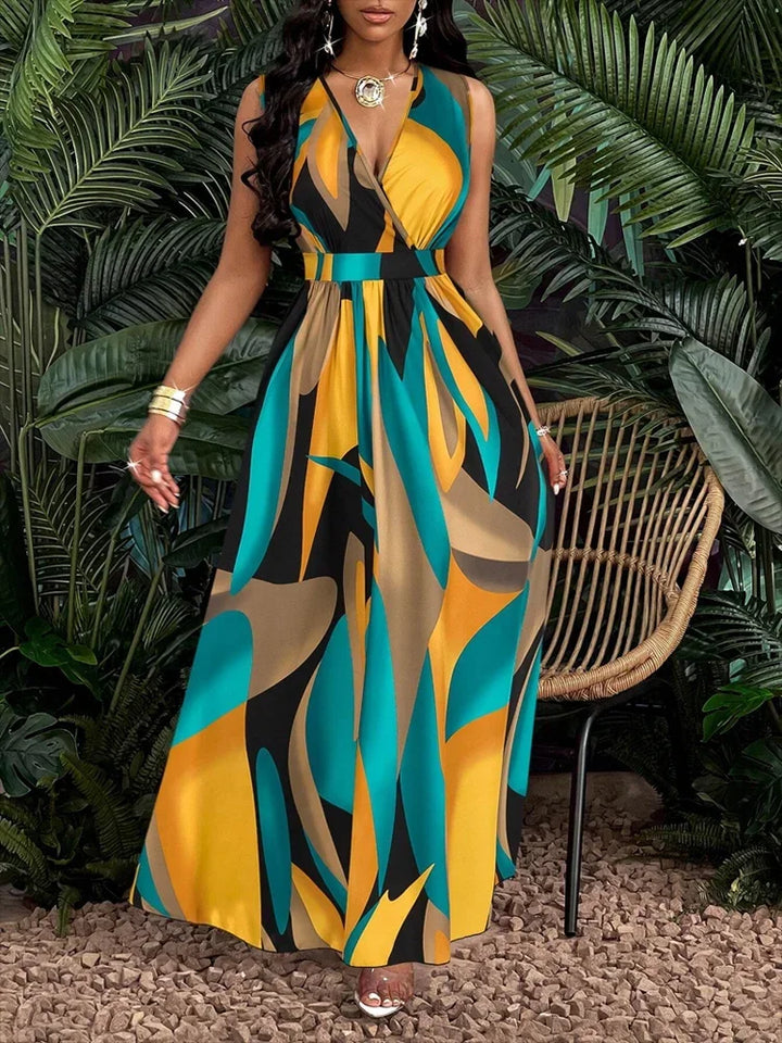 Duttini | Sculpted V-Neck Sleeveless Abstract Print Maxi Dress