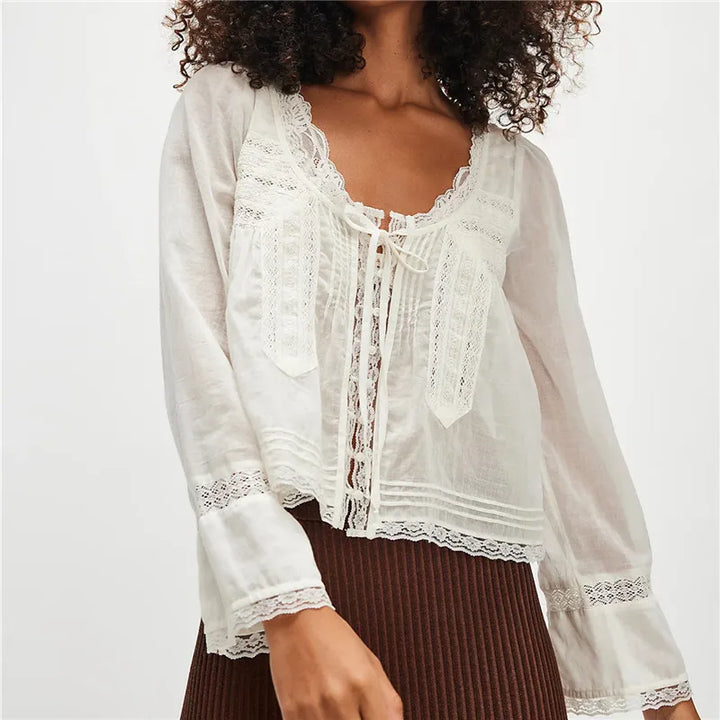 Duttini | Lace Trim Tie-Front Blouse for Women