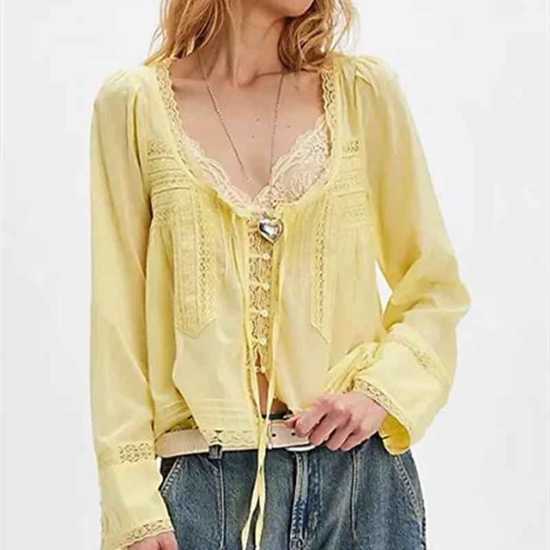 Duttini | Lace Trim Tie-Front Blouse for Women