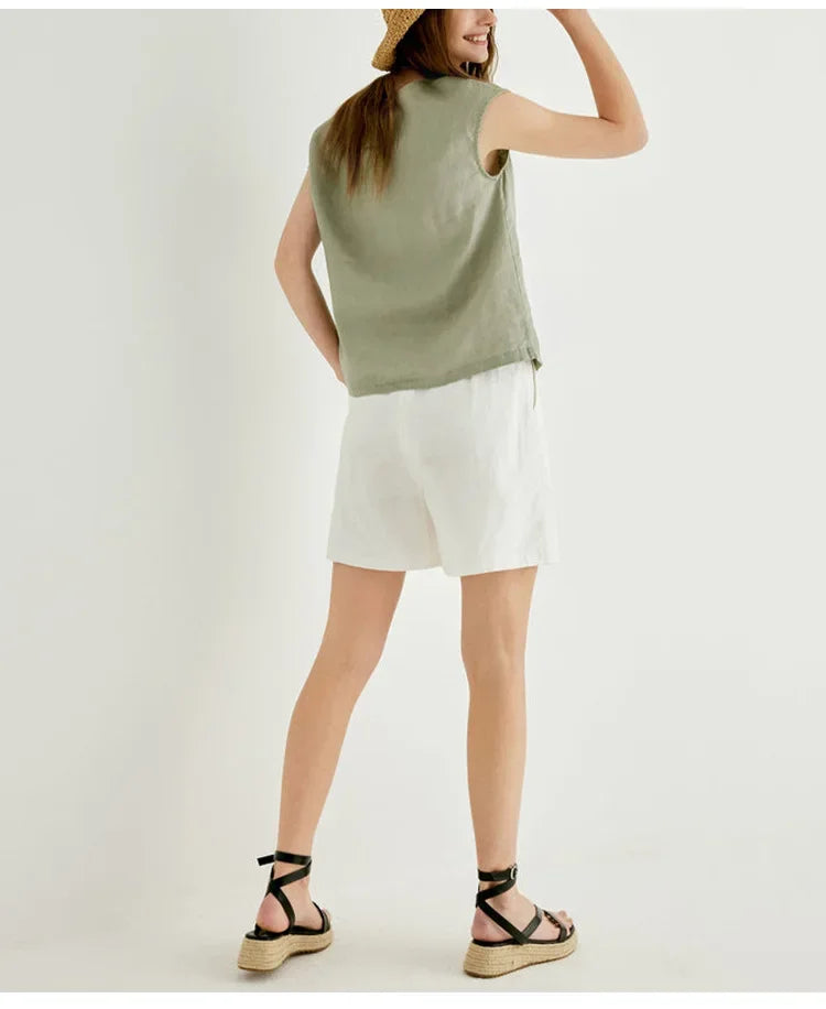 Duttini | Linen Tee for Women with Petal Sleeves in White