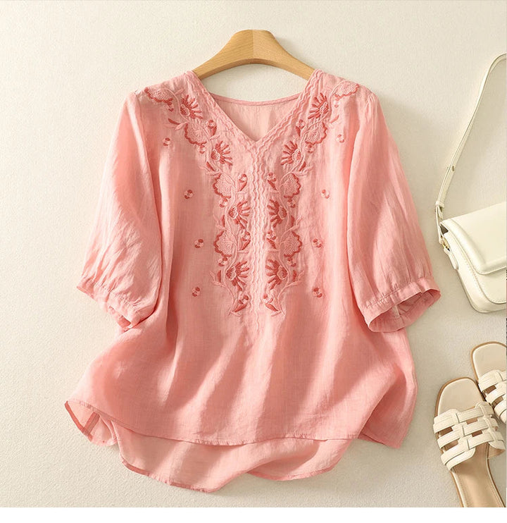 Duttini | V-Neck Cotton Blouse for Women in White
