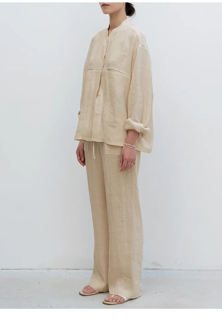 Duttini | Linen Drawstring Straight Pants for Women in Beige