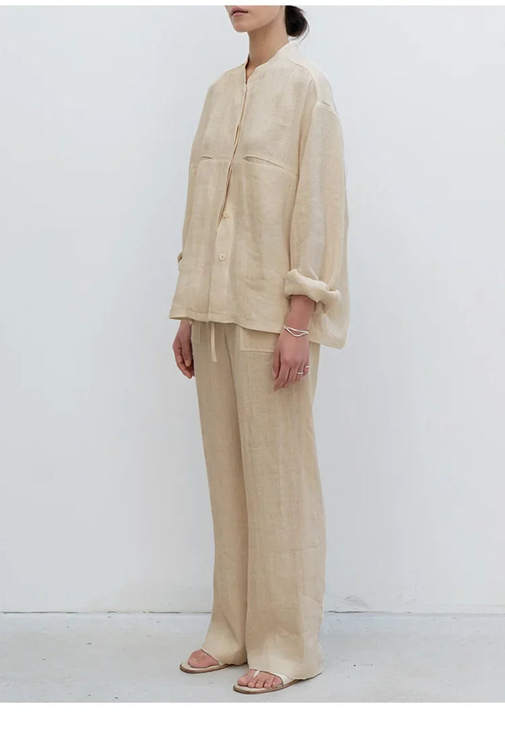Duttini | Linen Drawstring Straight Pants for Women in Beige