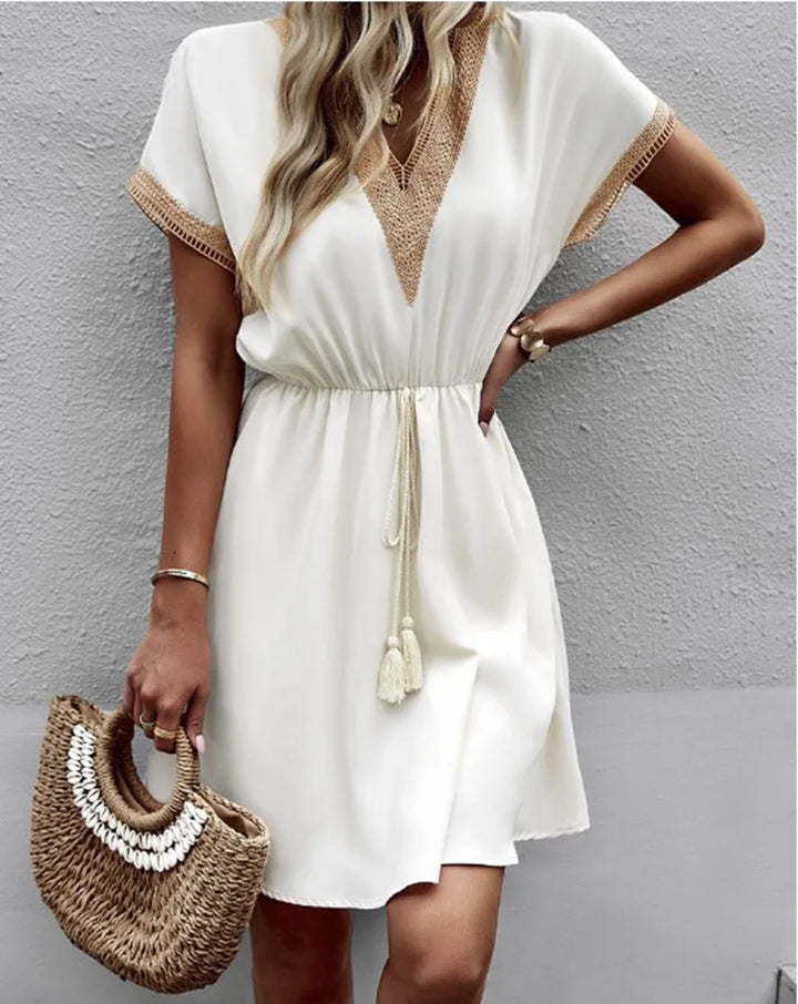 Duttini | Sophisticated V Neck Boho Flowy Draped Dress Casual