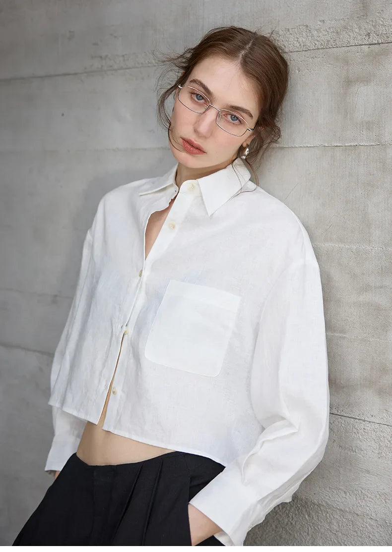 Duttini | Cropped Long Sleeve Linen Shirt for Women in White
