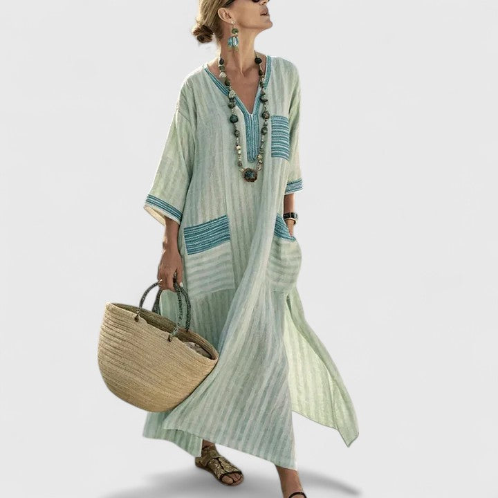 Duttini | Elegant V-Neck Striped Linen Maxi Dress With Pockets