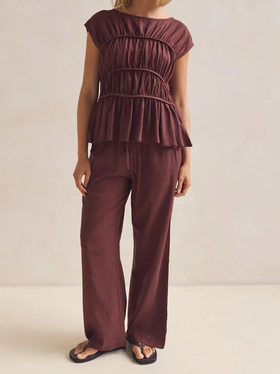 Duttini | Ruched Cap Sleeve Peplum Top for Women