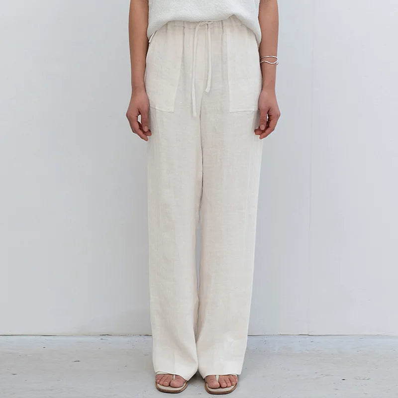 Duttini | Linen Drawstring Straight Pants for Women in Beige