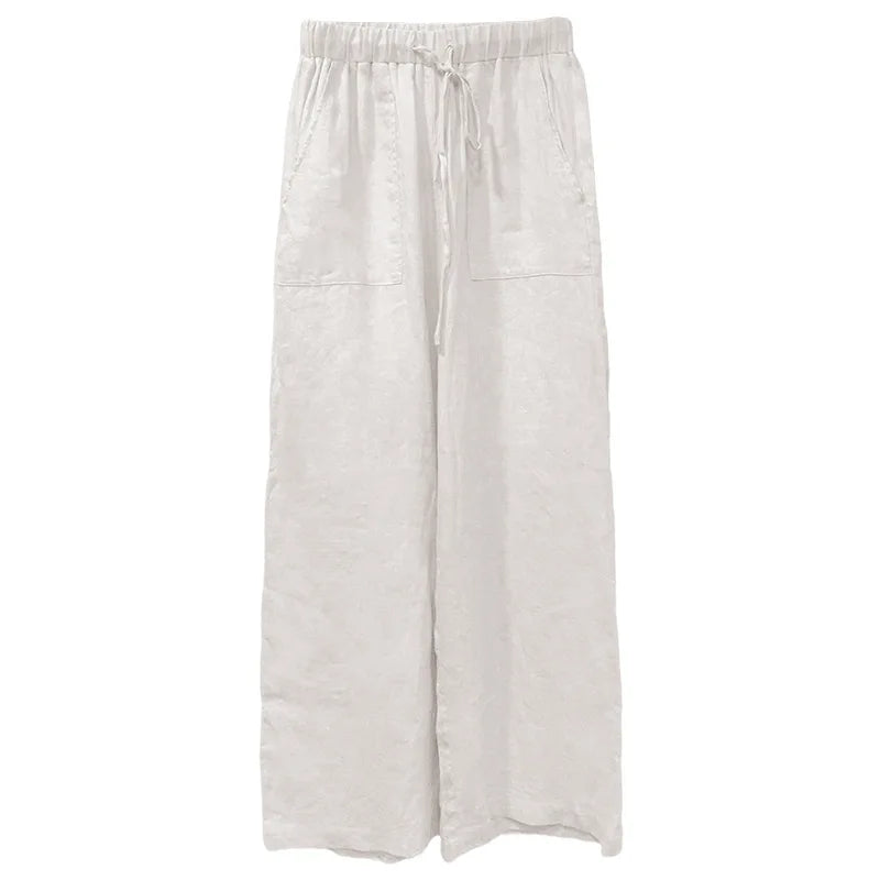 Duttini | Linen Drawstring Straight Pants for Women in Beige