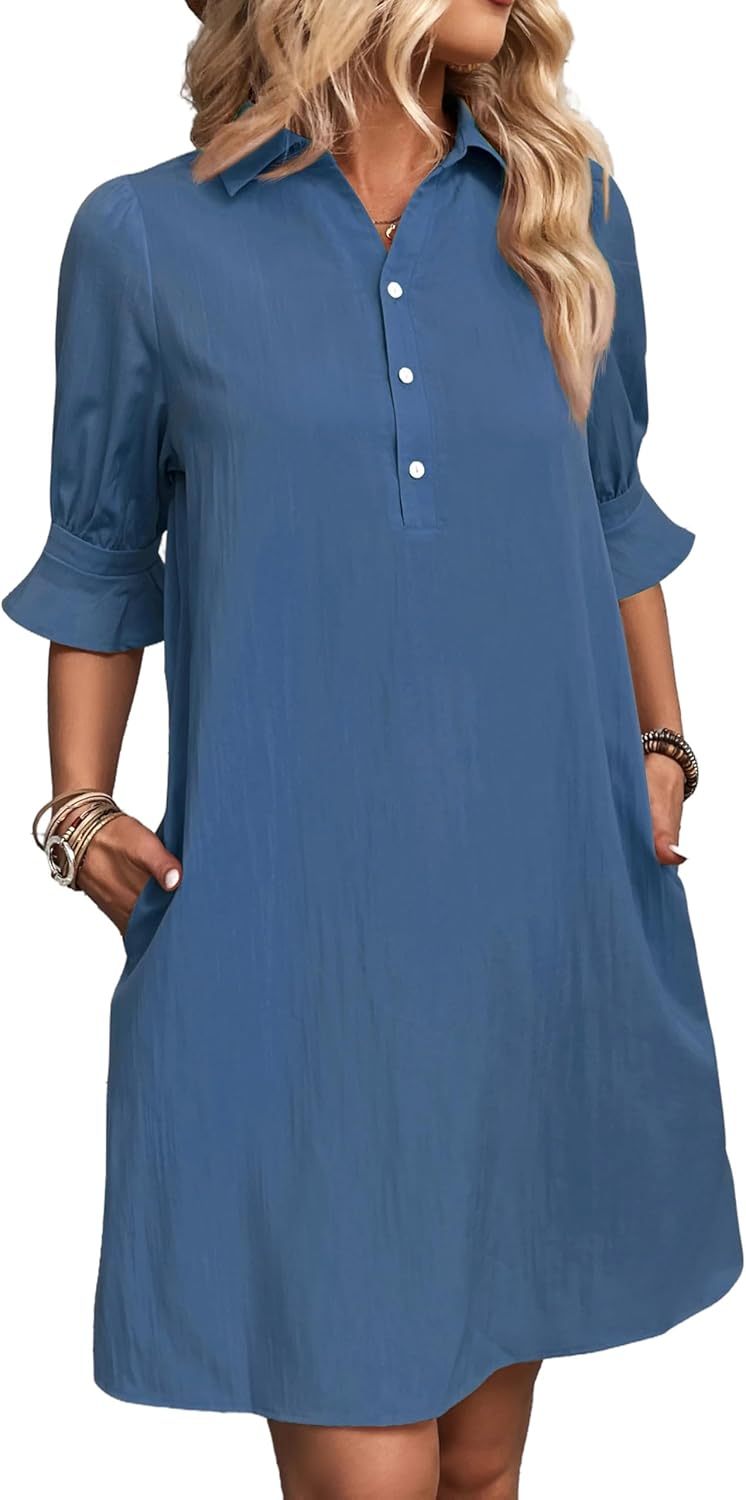 Duttini | Modern Button-Down Shirt Dress 3/4 Sleeve Knee Length
