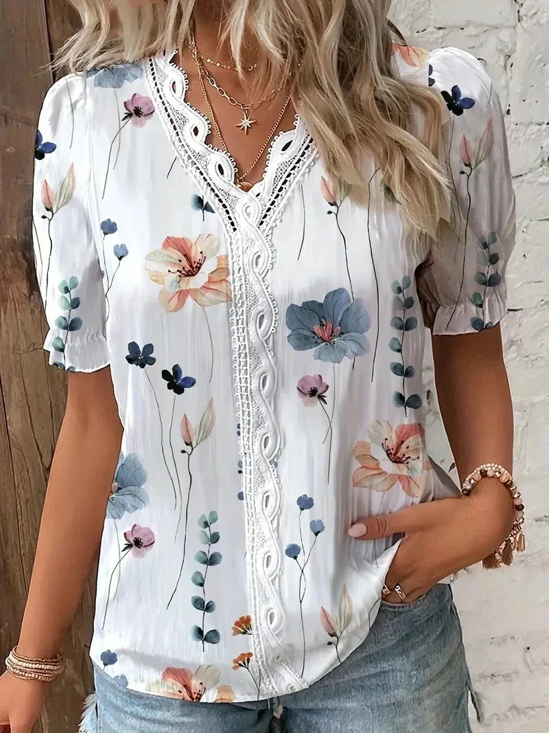 Duttini | Graceful Floral Lace V-Neck Blouse in a Flattering Cut