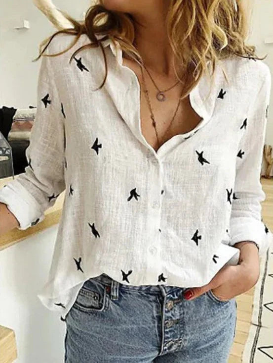 Duttini | Elegant Button-Down Shirt Long Sleeve Bird Print Blouse