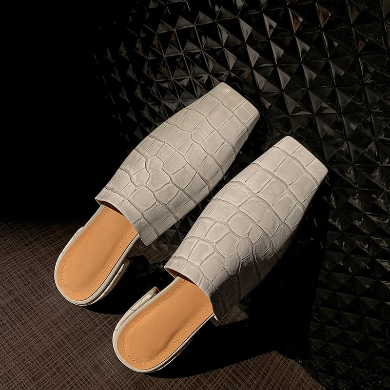 Duttini | Leather Croc-Embossed Low Heel Mules