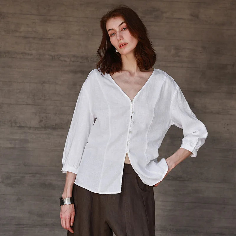 Duttini | Fitted V-Neck Linen Blouse for Women