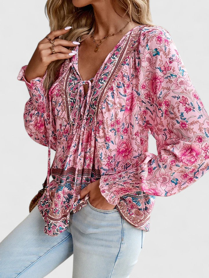 Duttini | Graceful Floral Boho Blouse V-Neck Puff Sleeve Top