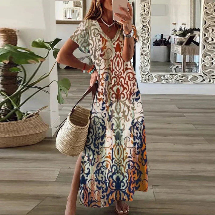 Duttini | Boho Print Maxi Dress V-Neck Short Sleeve Split