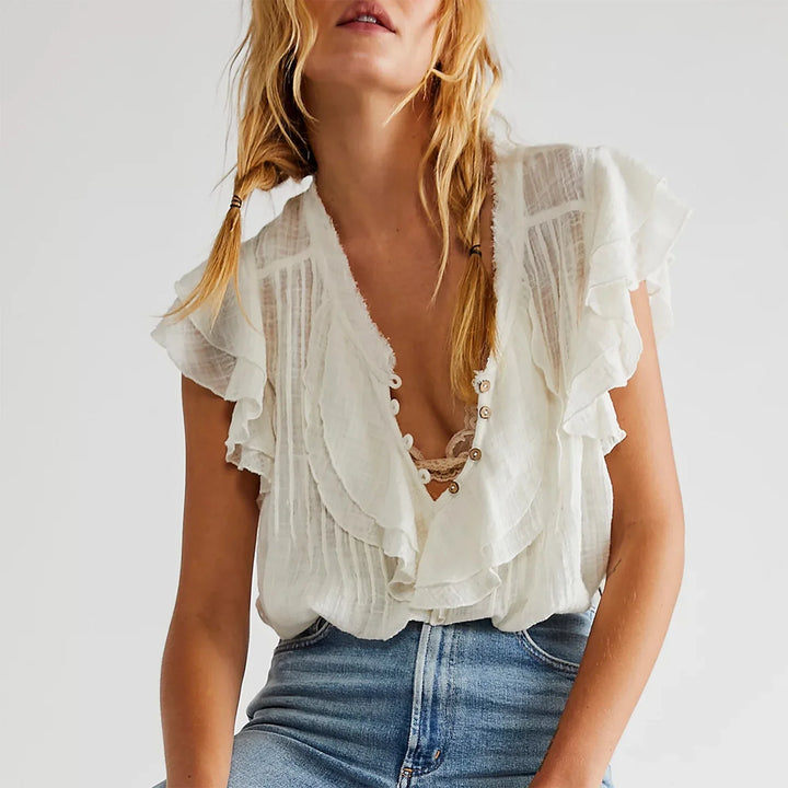 Duttini | Ruffle Front Gauze Crop Top for Women in White