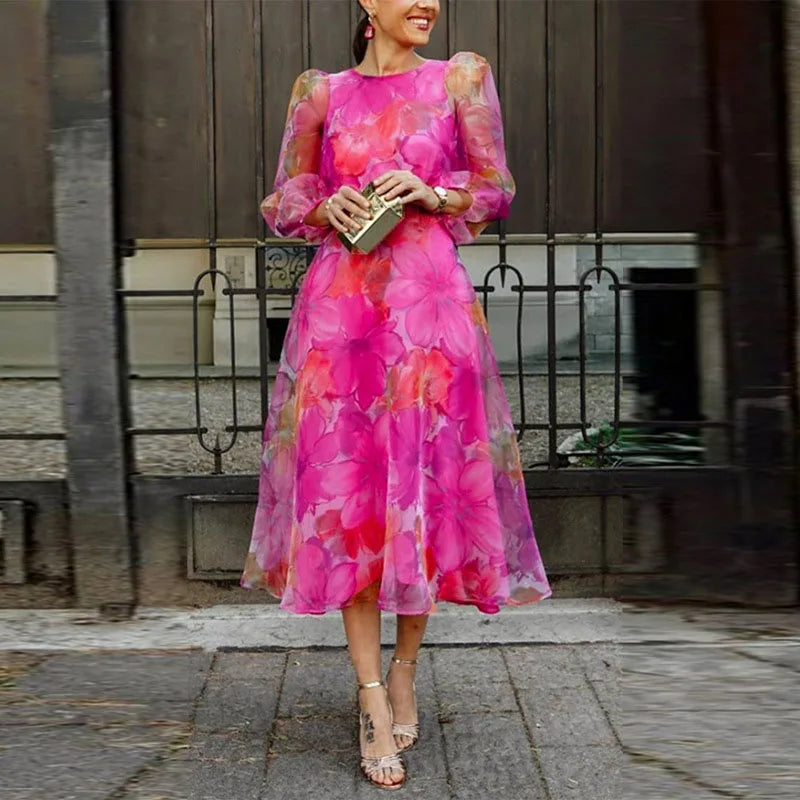 Duttini | Sophisticated Floral Chiffon Midi Dress Long Sleeve Wedding Guest
