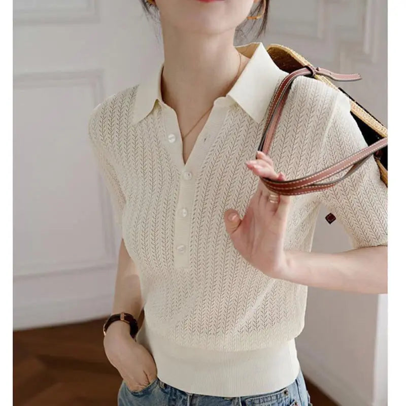Duttini | Ribbed Knit Polo Blouse for Women in Classic Color