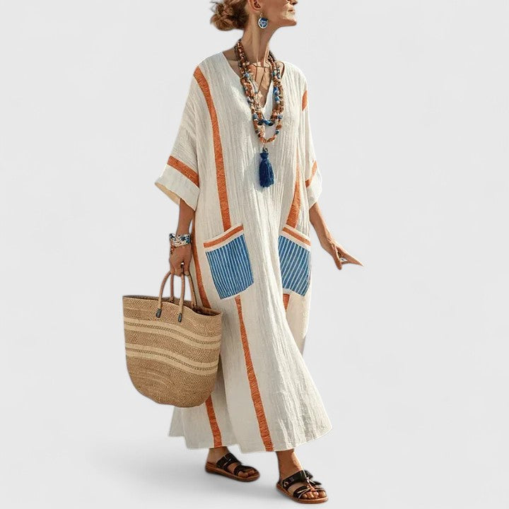 Duttini | Elegant V-Neck Striped Linen Maxi Dress With Pockets