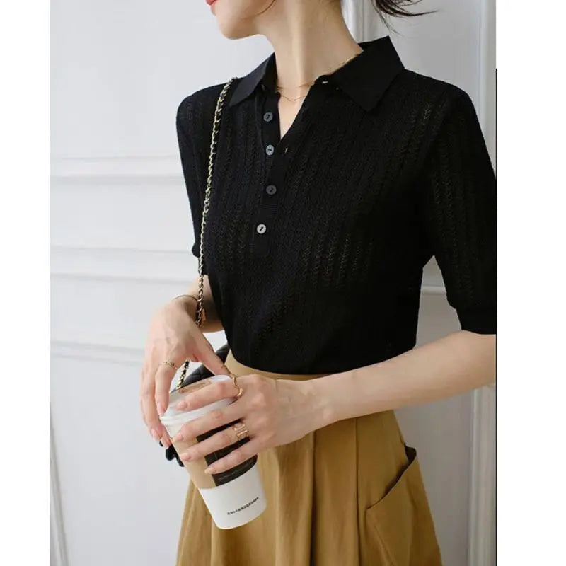 Duttini | Ribbed Knit Polo Blouse for Women in Classic Color