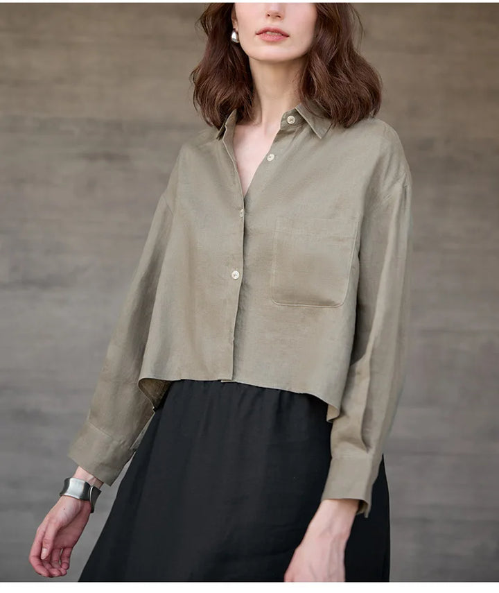 Duttini | Cropped Long Sleeve Linen Shirt for Women in White