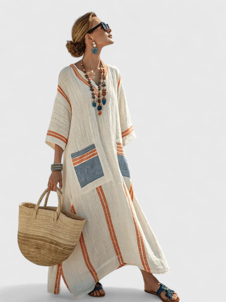 Duttini | Graceful V-Neck Kaftan Maxi Dress With Stripe Detail
